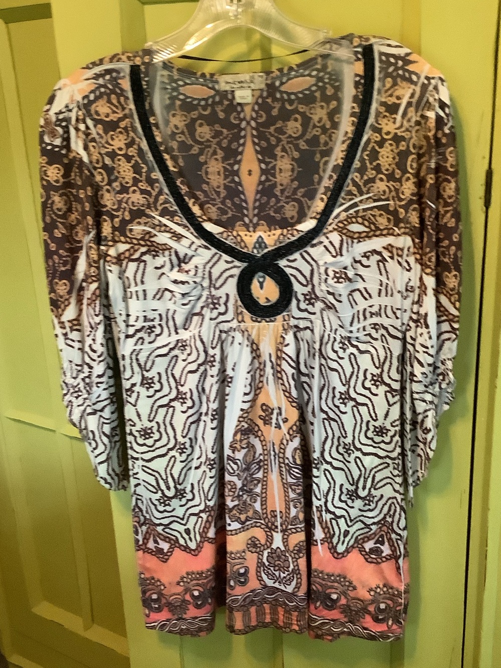 ONE WORLD Coral, Brown & White Boho Tunic with Keyhole Neck